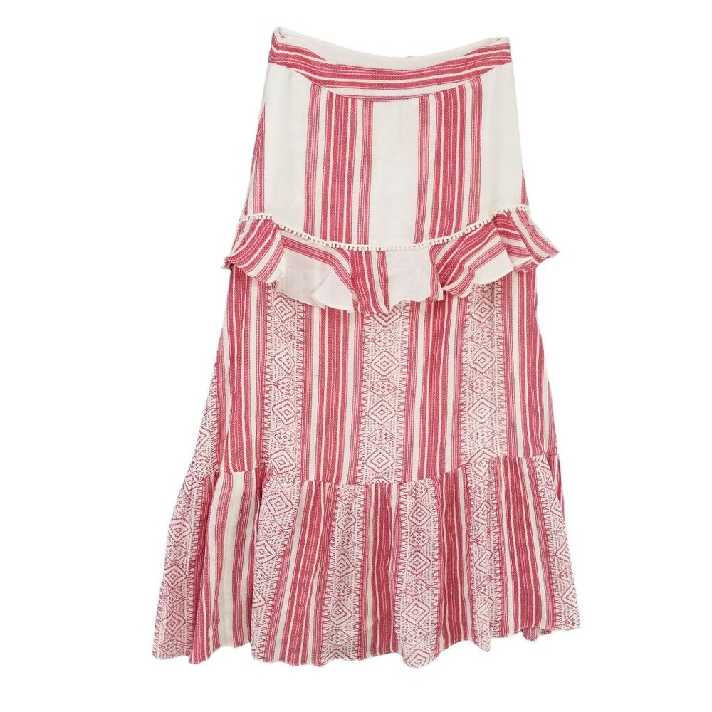 Anthropologie De Novo Pixie Tiered Maxi Skirt Red White Stripe Pleated Boho Sz 2